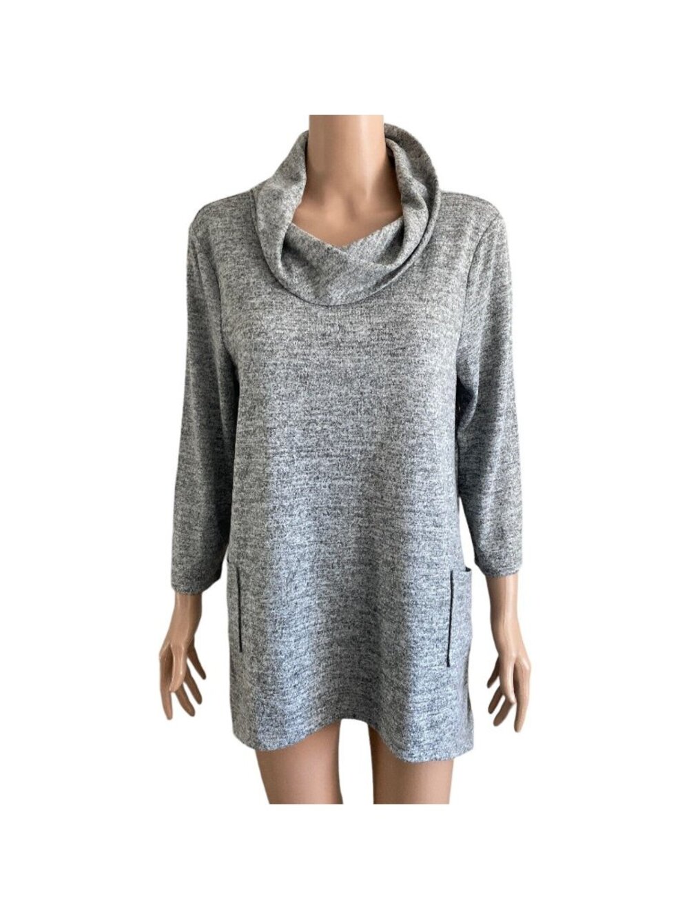 STORYBUK Sweater Womens L Gray Heather Cowl Neck Strength Graphic Tunic